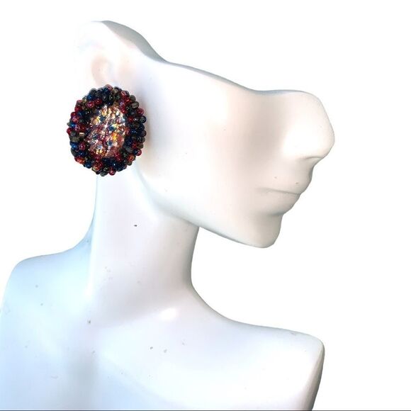 European glass Confetti earrings with multi color glass beads frame pierced - Picture 10 of 14